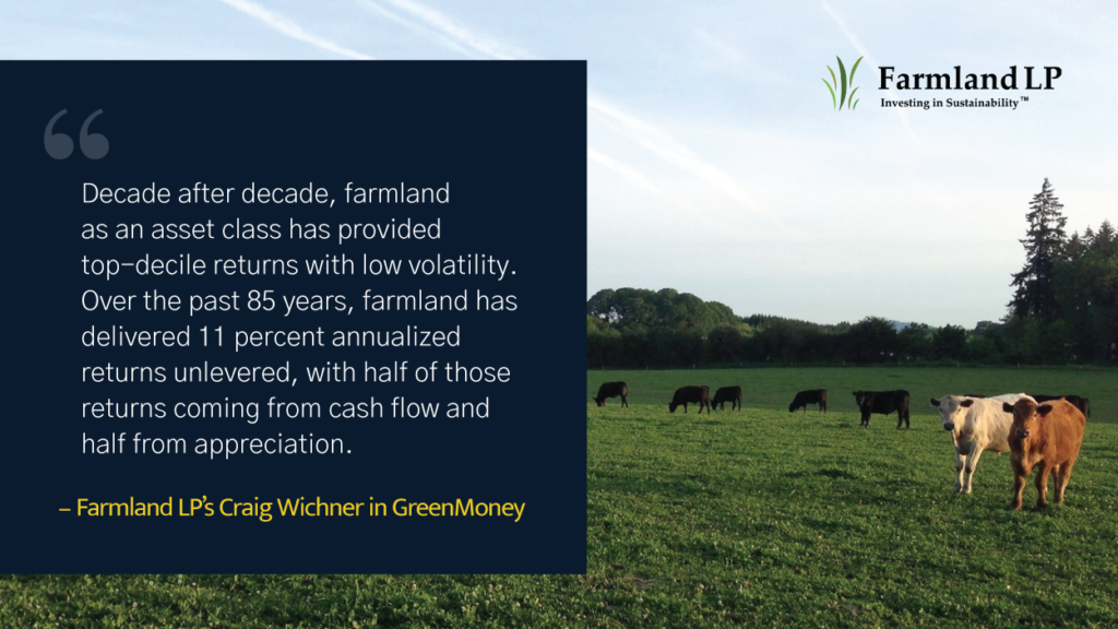 Graphic with background picture of cows grazing in a pasture and a quote by Farmland LP's Craig Wichner on the left hand side.